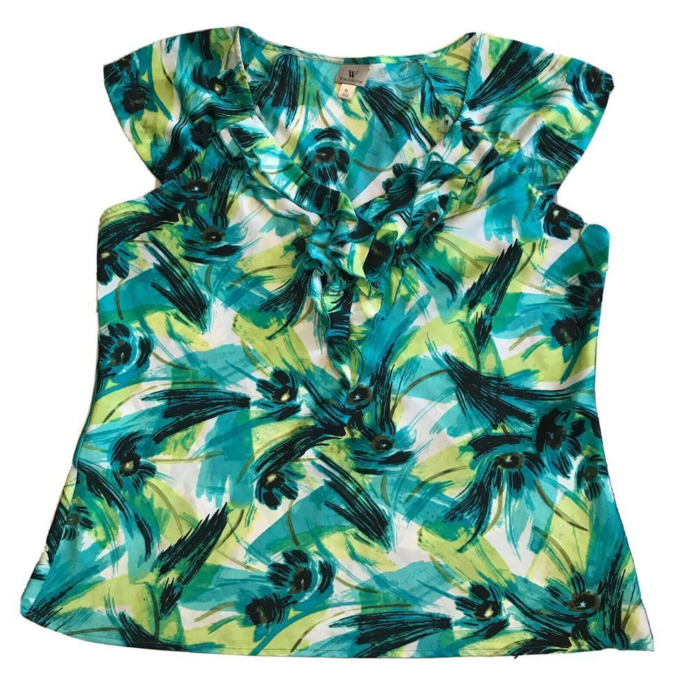Worthington Womens Blouse Plus Size XL Green Floral V Neck Short Sleeve
